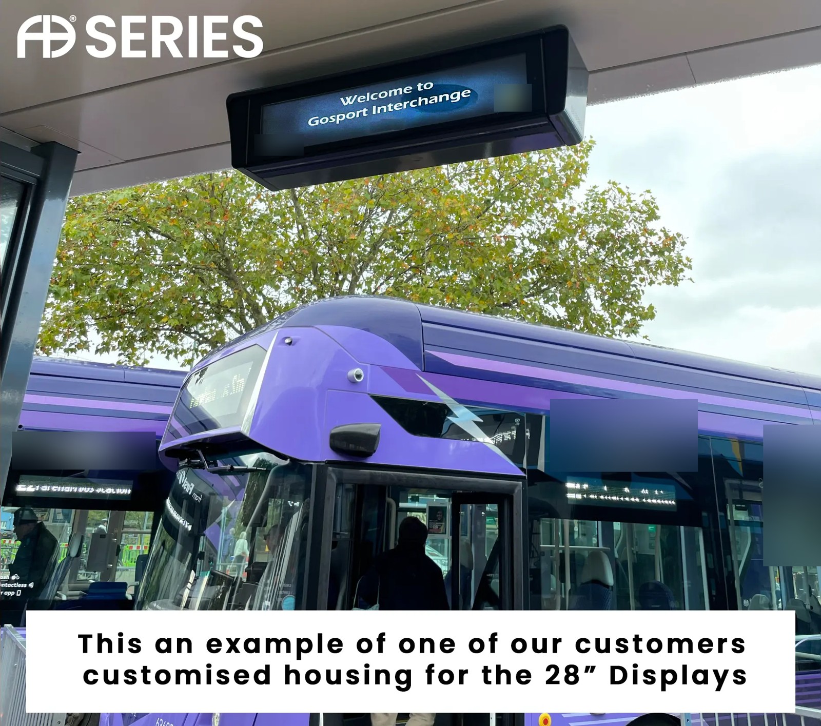 Installed 28-inch display within a customised overhead housing at a transport interchange